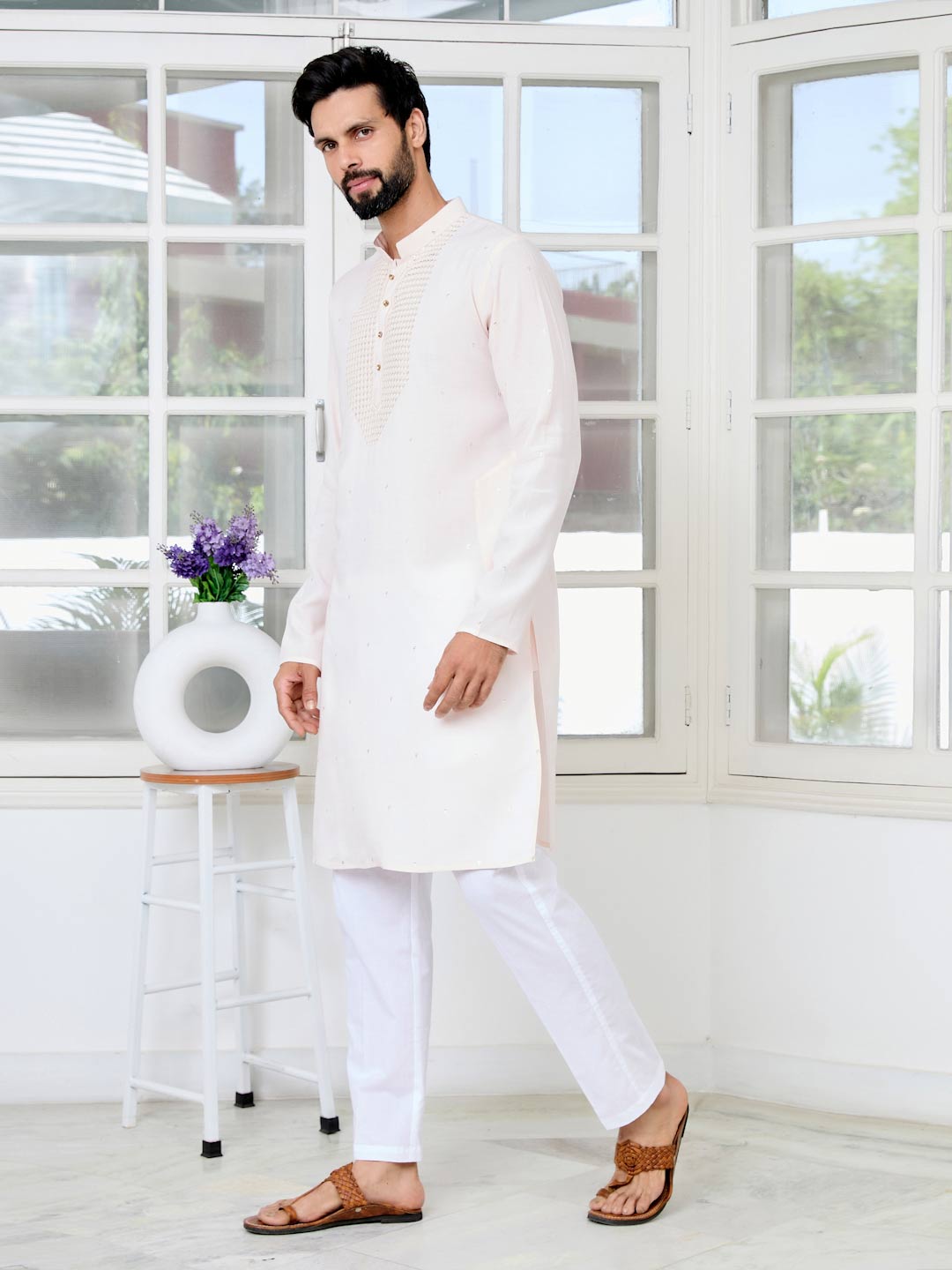 Light peach Sequins Embroidered Rayon Straight Kurta with Yoke Design Paired with Pyjama