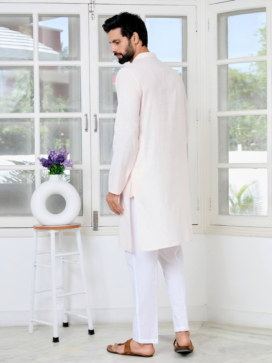 Light peach Sequins Embroidered Rayon Straight Kurta with Yoke Design Paired with Pyjama