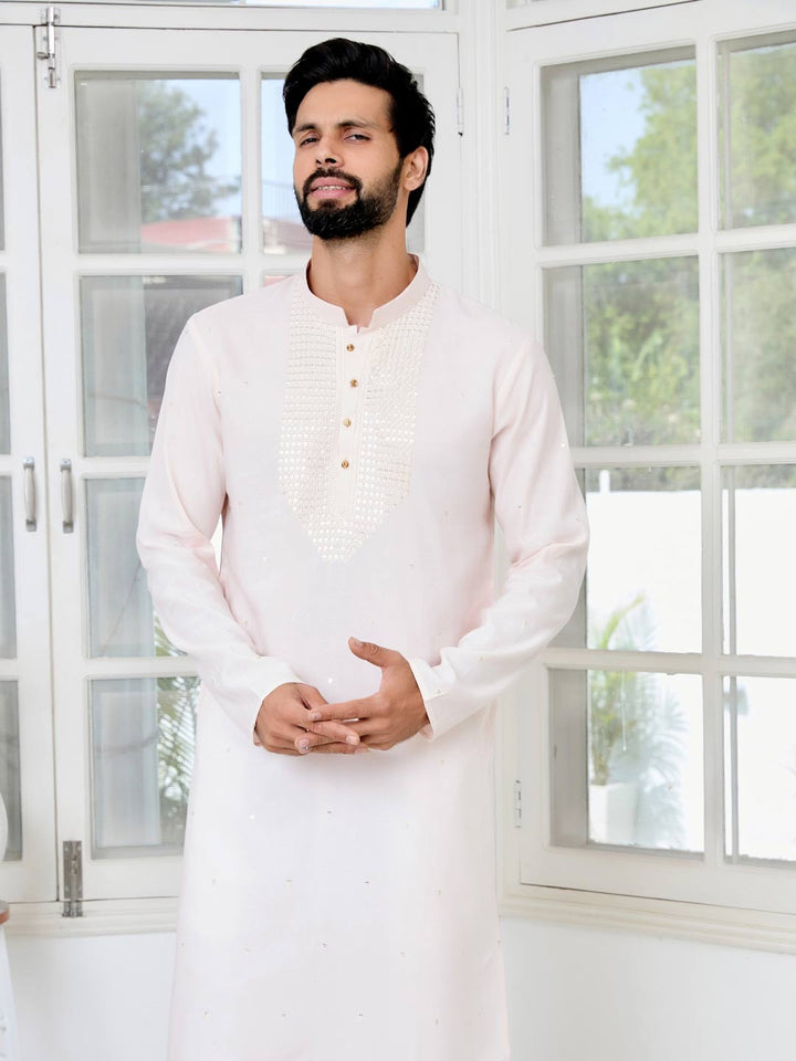 Light peach Sequins Embroidered Rayon Straight Kurta with Yoke Design Paired with Pyjama
