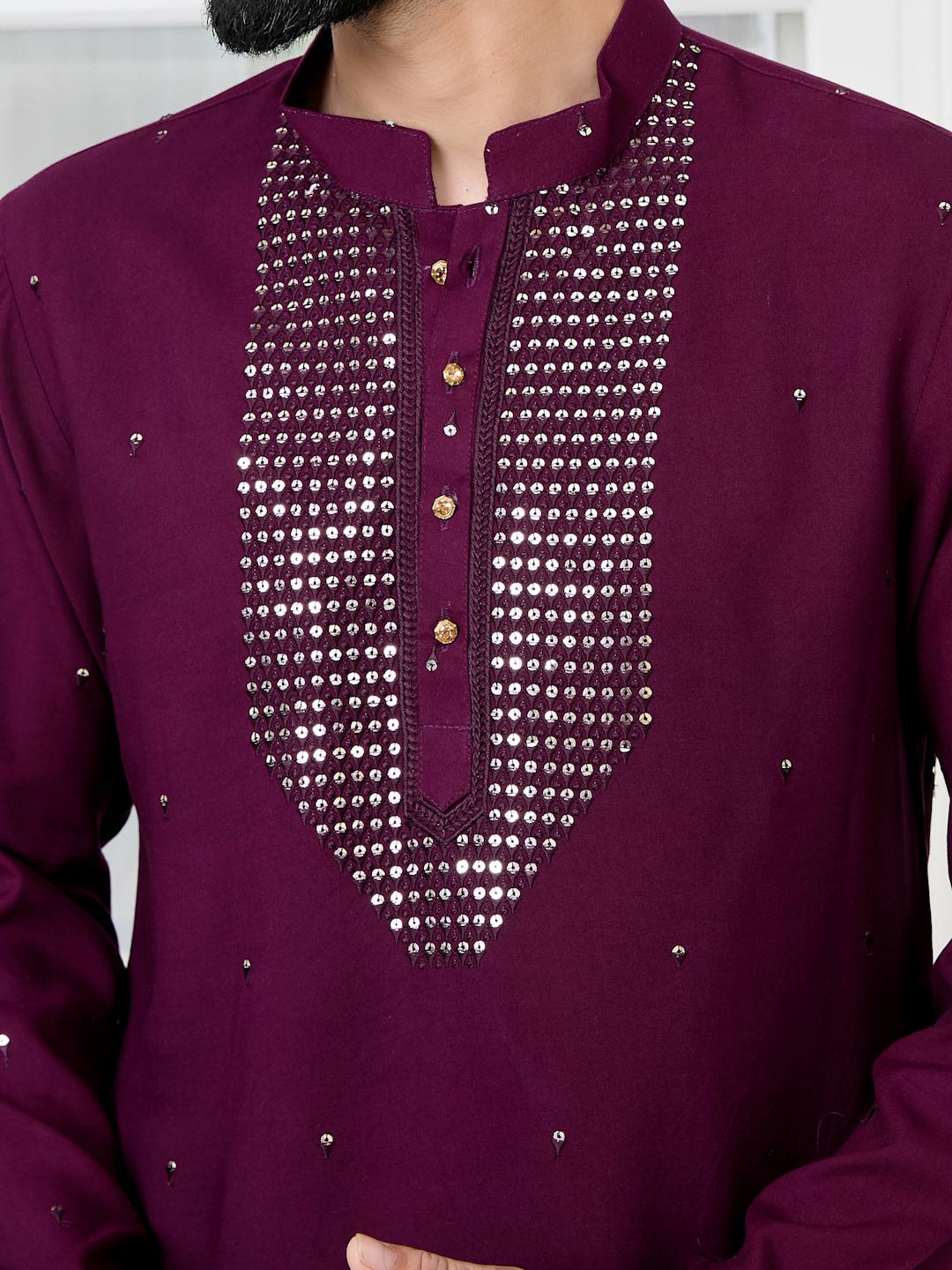 Purple Sequins Embroidered Rayon Straight Kurta with Yoke Design Paired with Pyjama