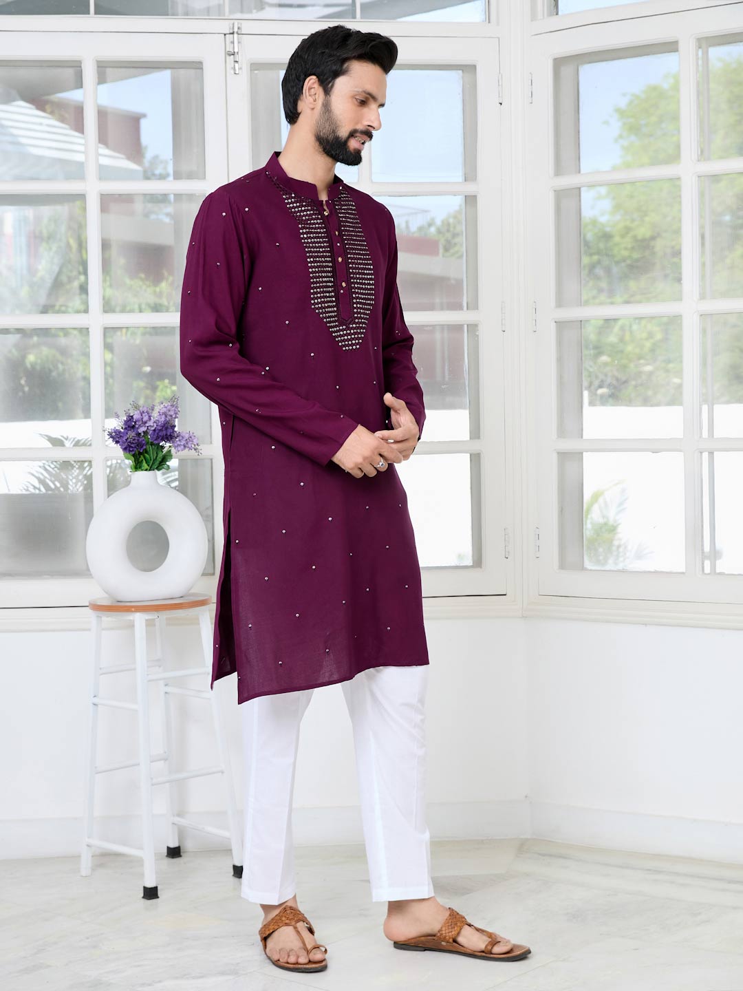 Purple Sequins Embroidered Rayon Straight Kurta with Yoke Design Paired with Pyjama