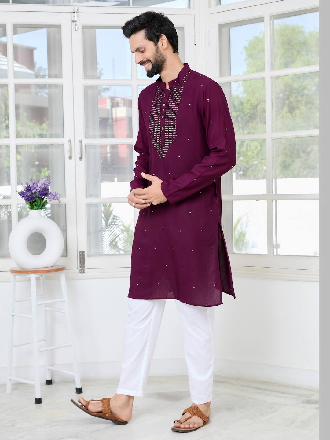 Purple Sequins Embroidered Rayon Straight Kurta with Yoke Design Paired with Pyjama