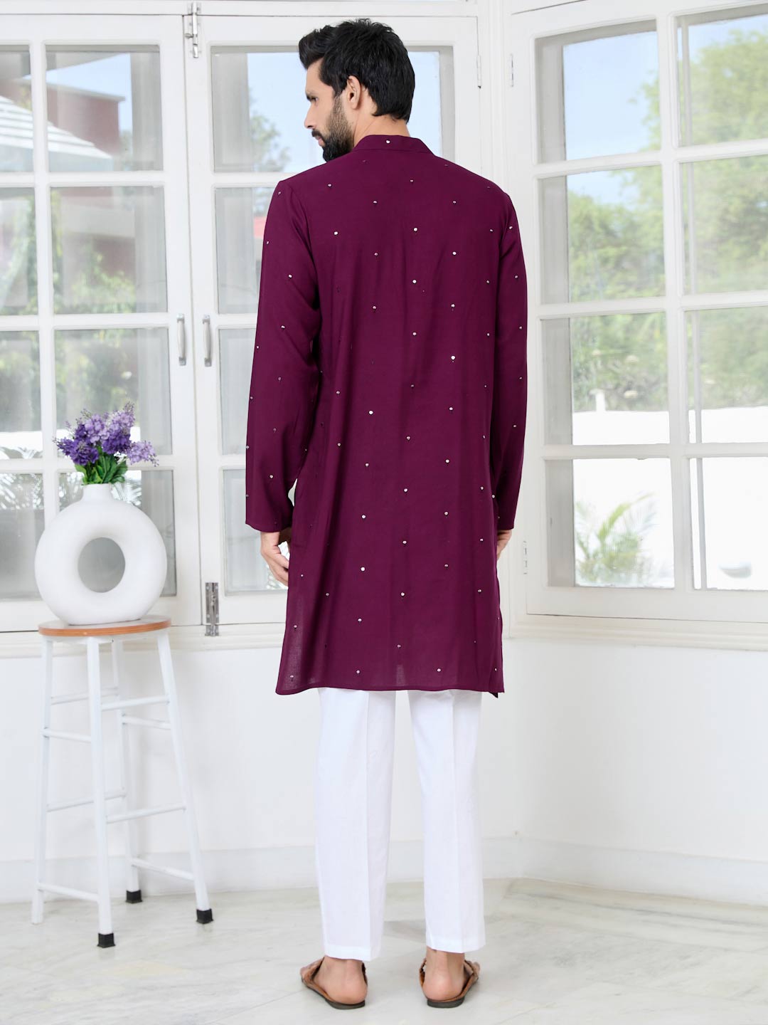 Purple Sequins Embroidered Rayon Straight Kurta with Yoke Design Paired with Pyjama