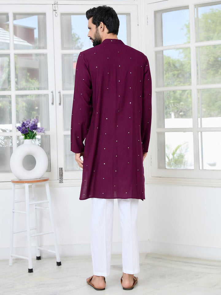 Purple Sequins Embroidered Rayon Straight Kurta with Yoke Design Paired with Pyjama