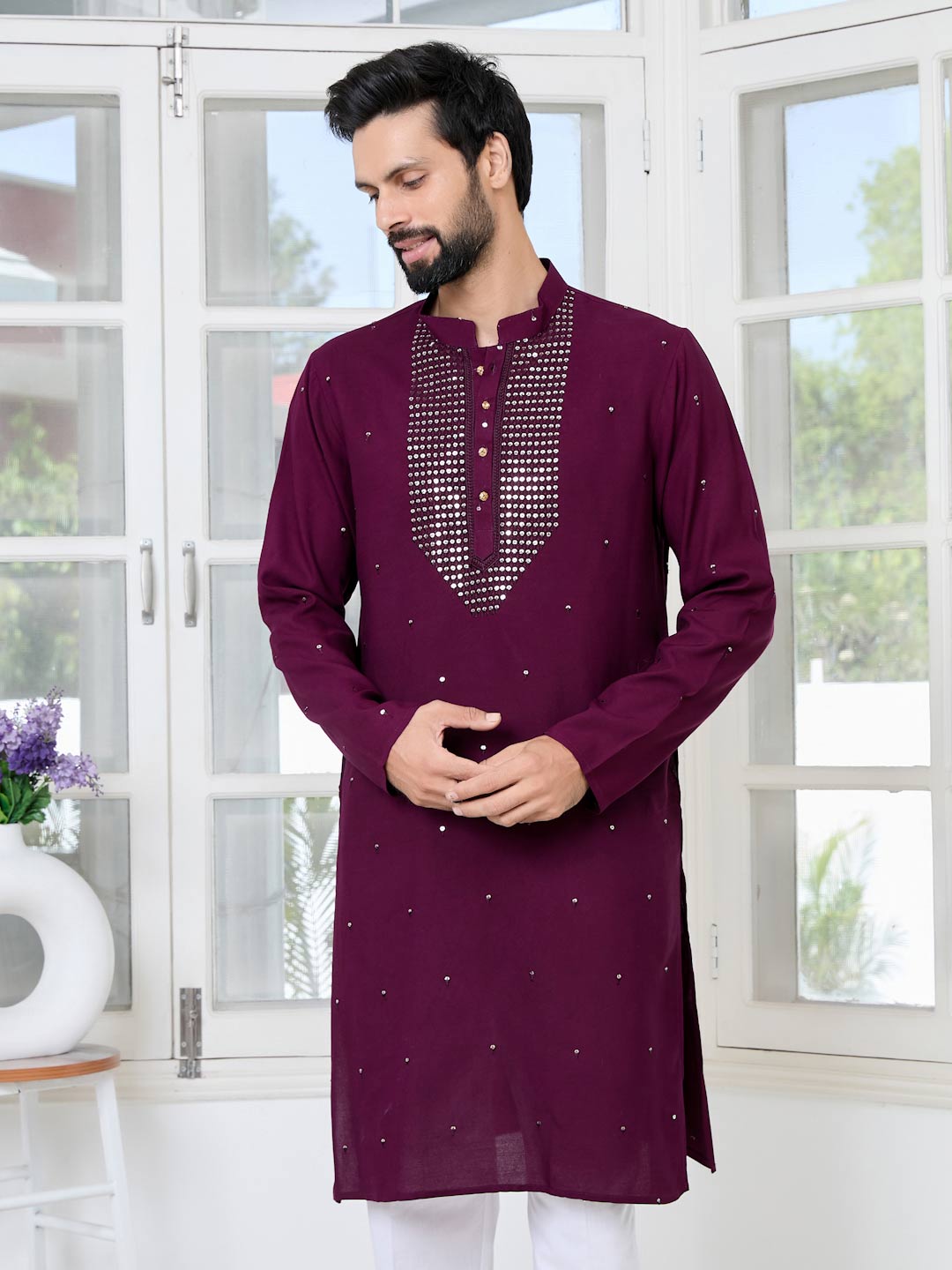 Purple Sequins Embroidered Rayon Straight Kurta with Yoke Design Paired with Pyjama