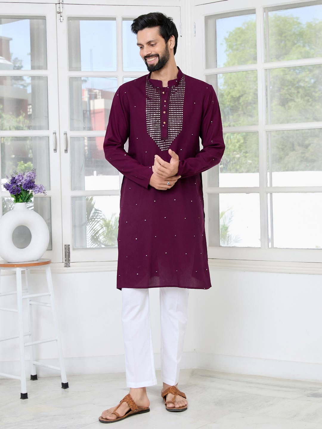 Purple Sequins Embroidered Rayon Straight Kurta with Yoke Design Paired with Pyjama