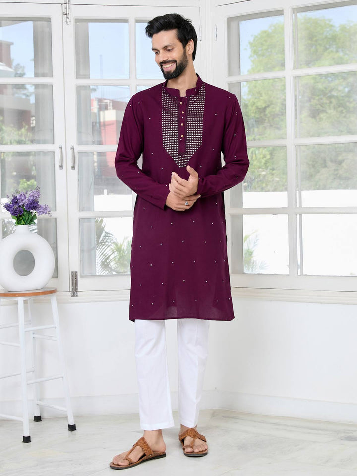Purple Sequins Embroidered Rayon Straight Kurta with Yoke Design Paired with Pyjama
