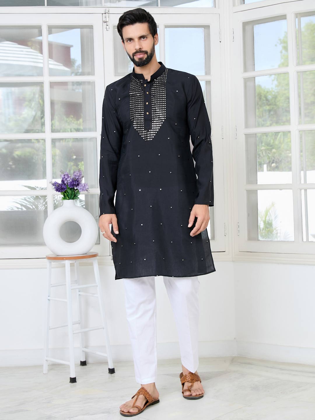 Black Sequins Embroidered Chanderi Straight Kurta with Yoke Design Paired with Pyjama