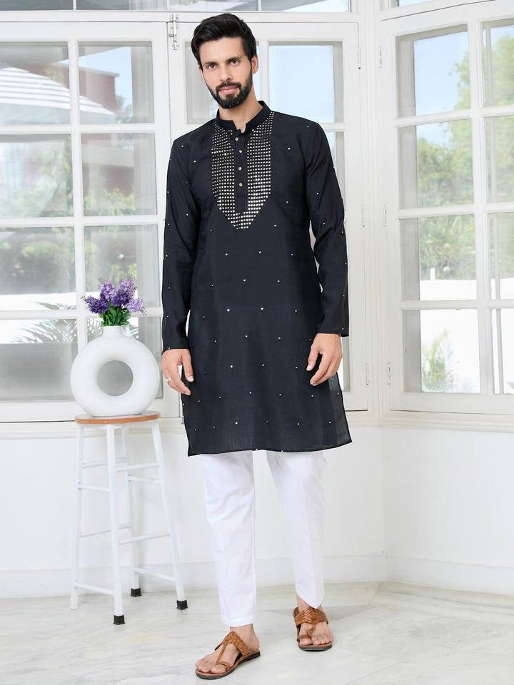 Black Sequins Embroidered Chanderi Straight Kurta with Yoke Design Paired with Pyjama