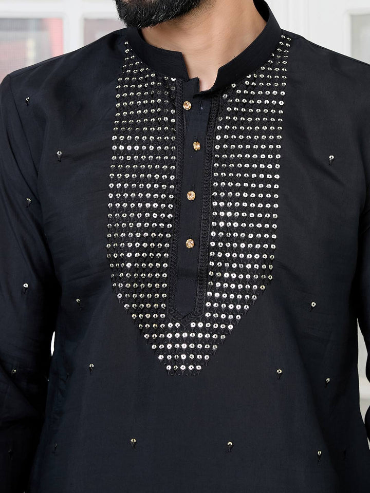 Black Sequins Embroidered Chanderi Straight Kurta with Yoke Design Paired with Pyjama
