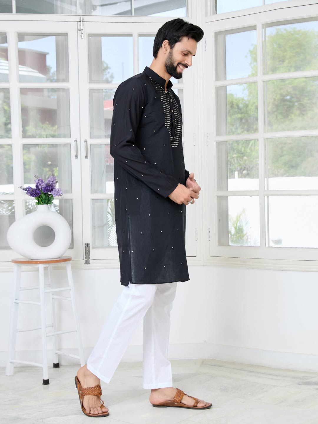 Black Sequins Embroidered Chanderi Straight Kurta with Yoke Design Paired with Pyjama