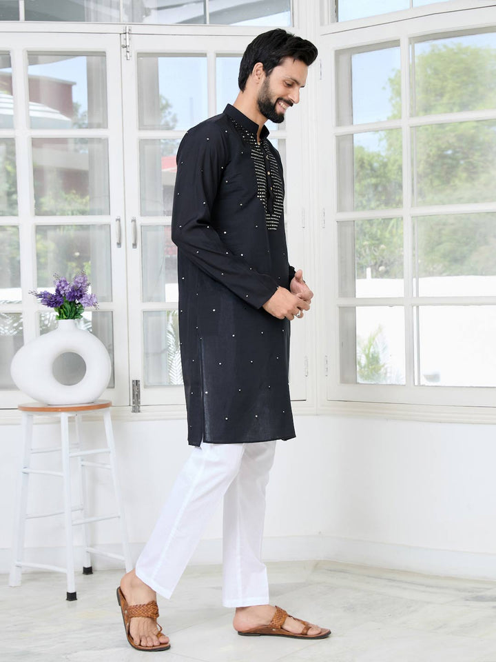 Black Sequins Embroidered Chanderi Straight Kurta with Yoke Design Paired with Pyjama