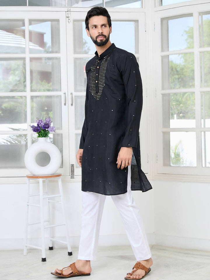 Black Sequins Embroidered Chanderi Straight Kurta with Yoke Design Paired with Pyjama