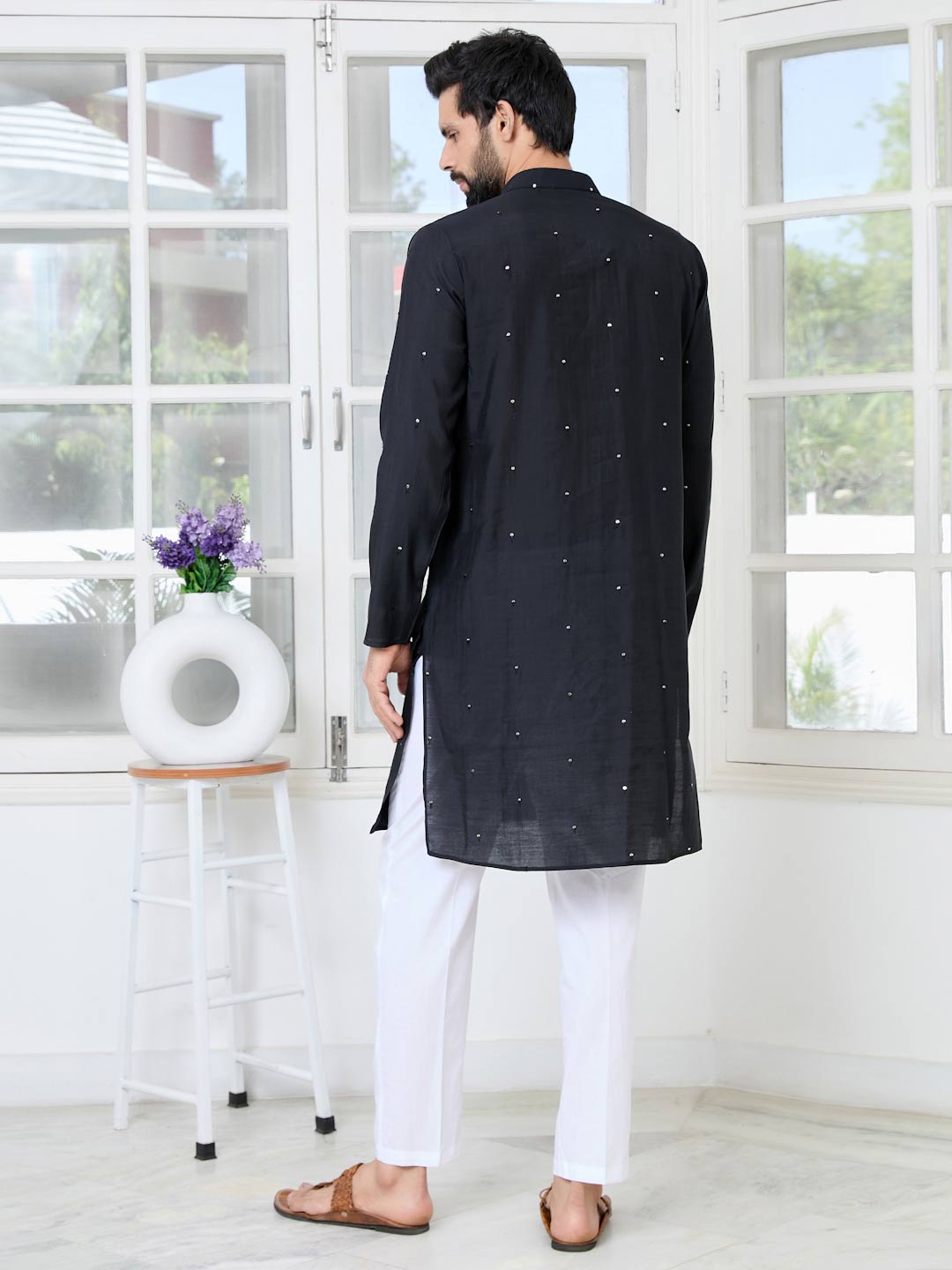 Black Sequins Embroidered Chanderi Straight Kurta with Yoke Design Paired with Pyjama