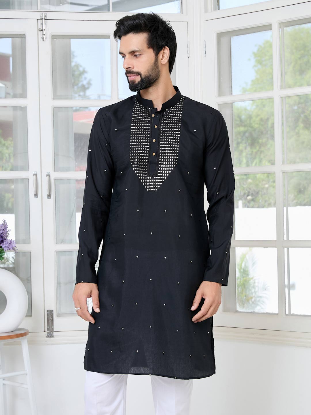 Black Sequins Embroidered Chanderi Straight Kurta with Yoke Design Paired with Pyjama