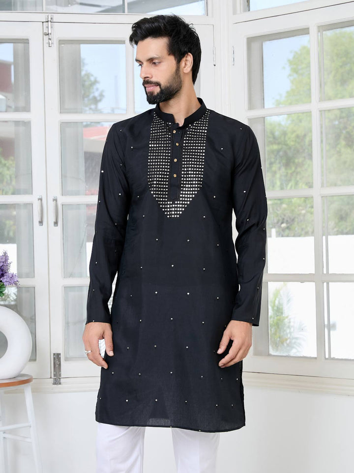Black Sequins Embroidered Chanderi Straight Kurta with Yoke Design Paired with Pyjama