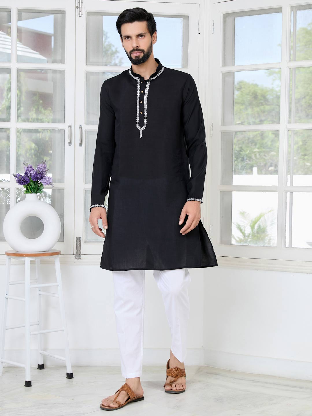 Black Chanderi Straight Kurta with Yoke Design