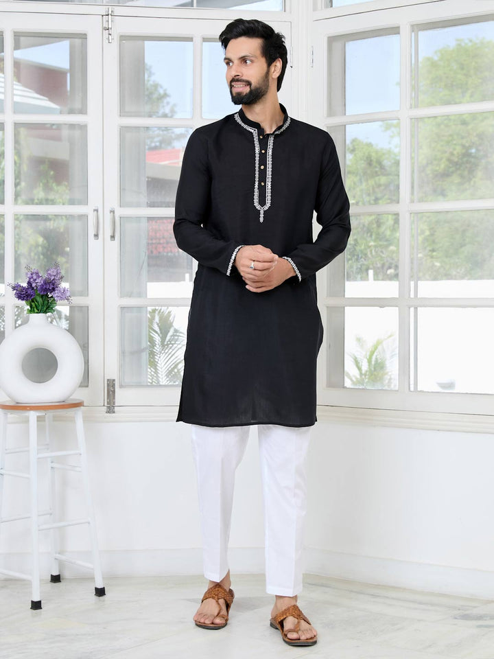 Black Chanderi Straight Kurta with Pyjama with Yoke Design