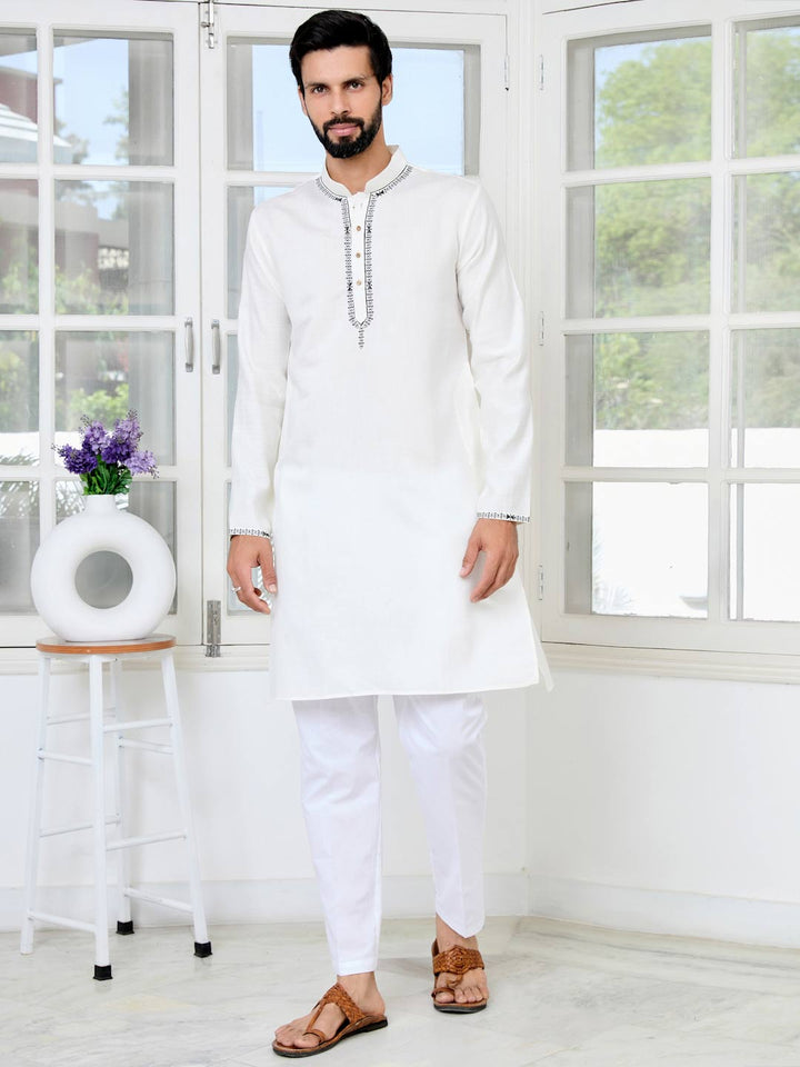 Off-White Chanderi Straight Kurta with Pyjama with Yoke Design