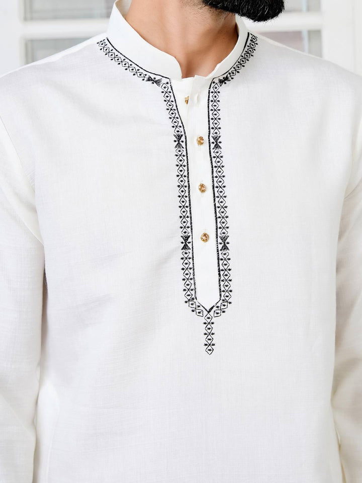 Off-White Chanderi Straight Kurta with Pyjama with Yoke Design