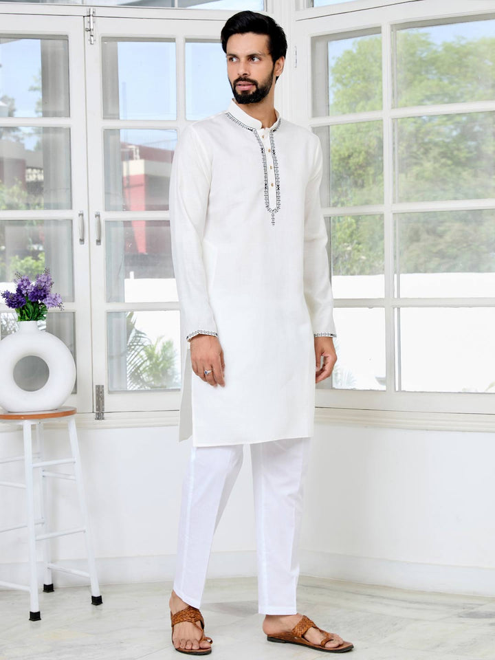 Off-White Chanderi Straight Kurta with Pyjama with Yoke Design