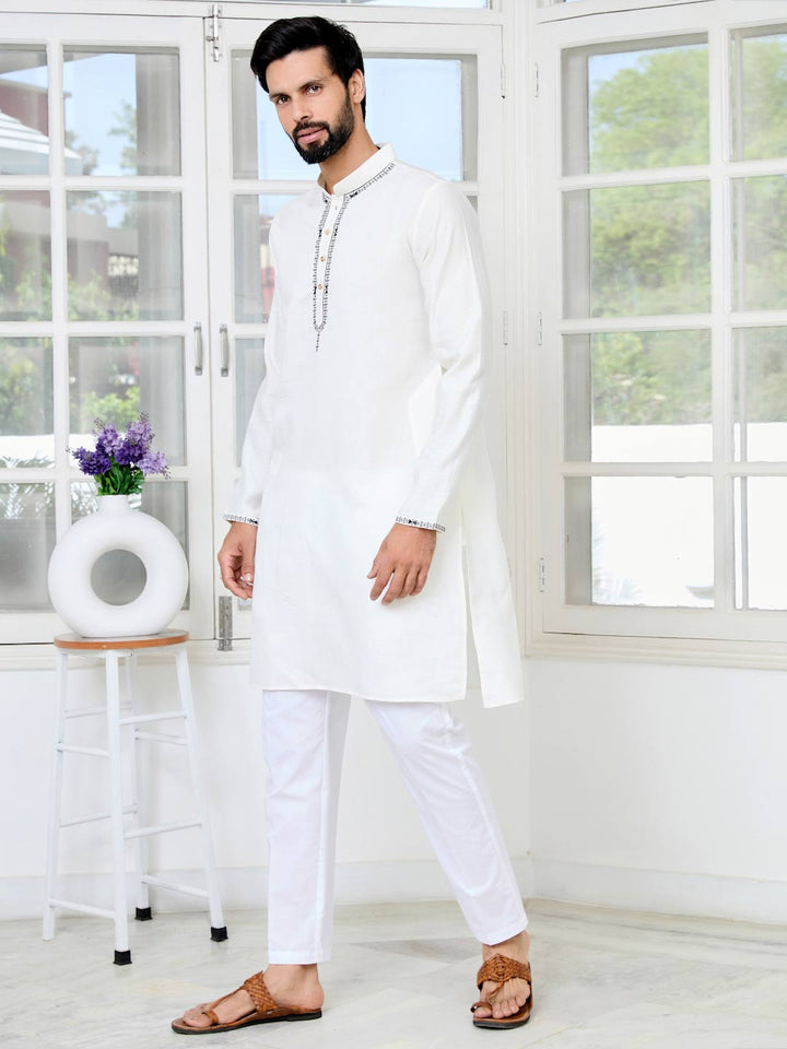 Off-White Chanderi Straight Kurta with Pyjama with Yoke Design