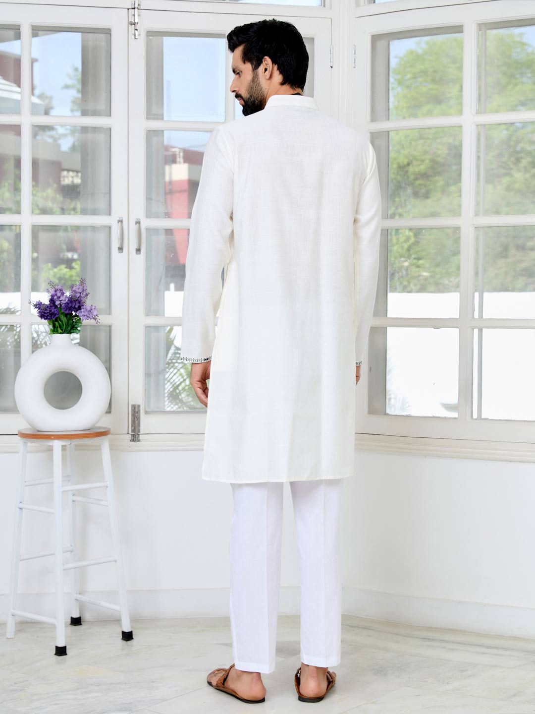 Off-White Chanderi Straight Kurta with Pyjama with Yoke Design