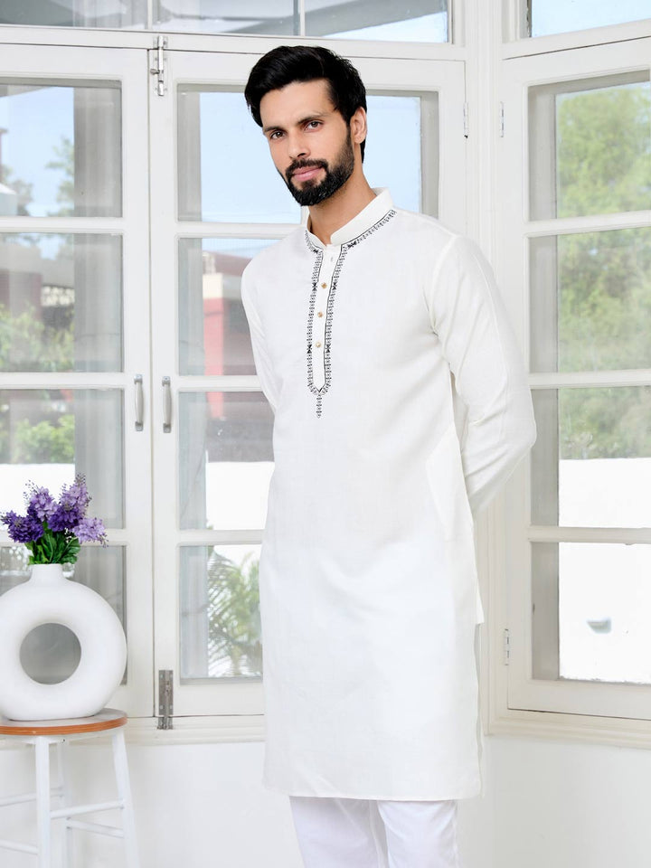 Off-White Chanderi Straight Kurta with Pyjama with Yoke Design