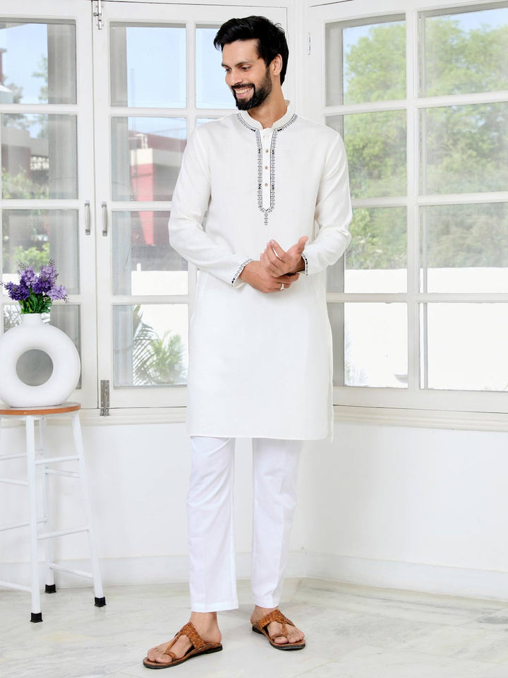 Off-White Chanderi Straight Kurta with Pyjama with Yoke Design