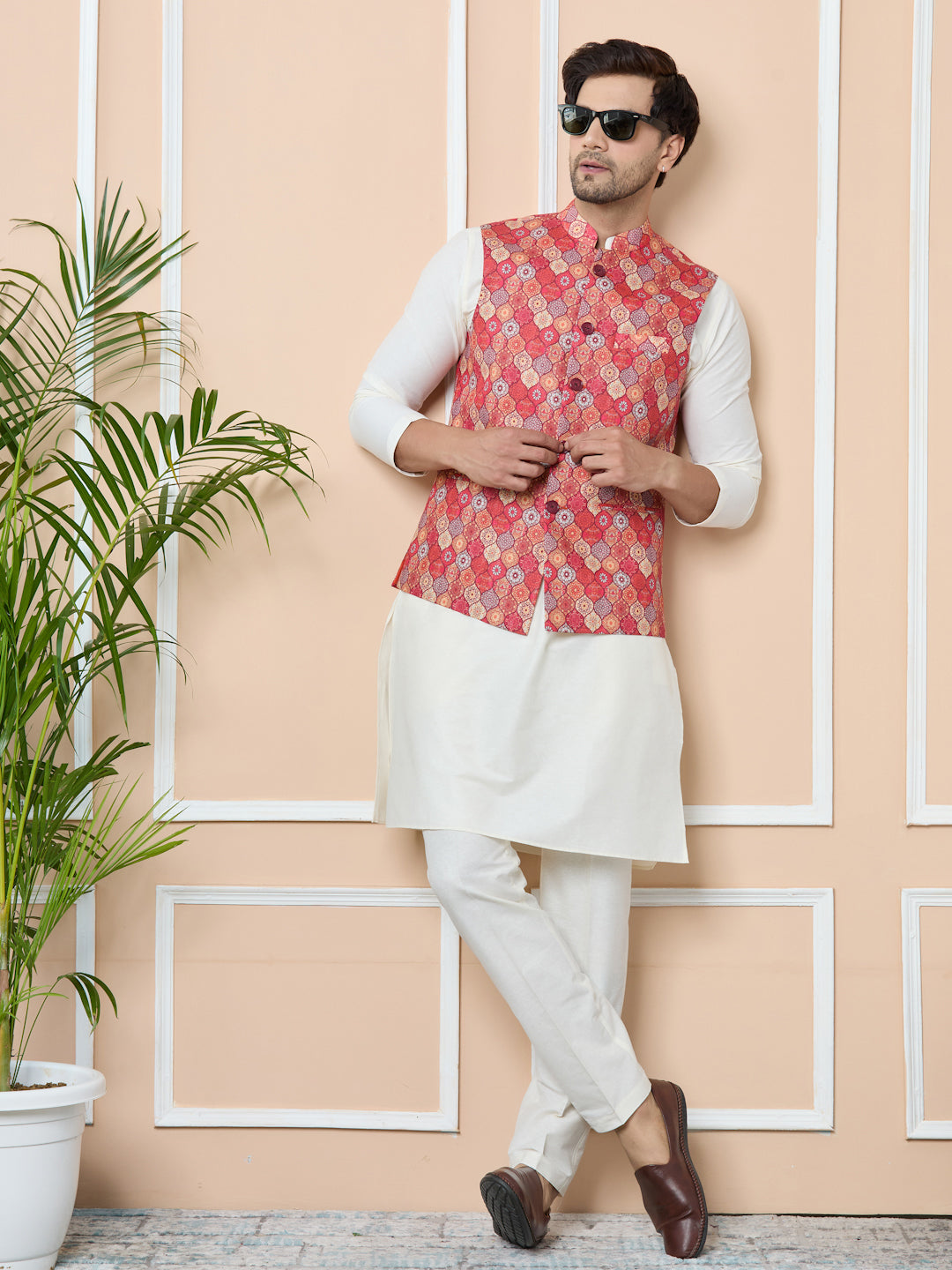 Men Orange Ethnic Motif Printed Nehru Jacket with Solid Kurta