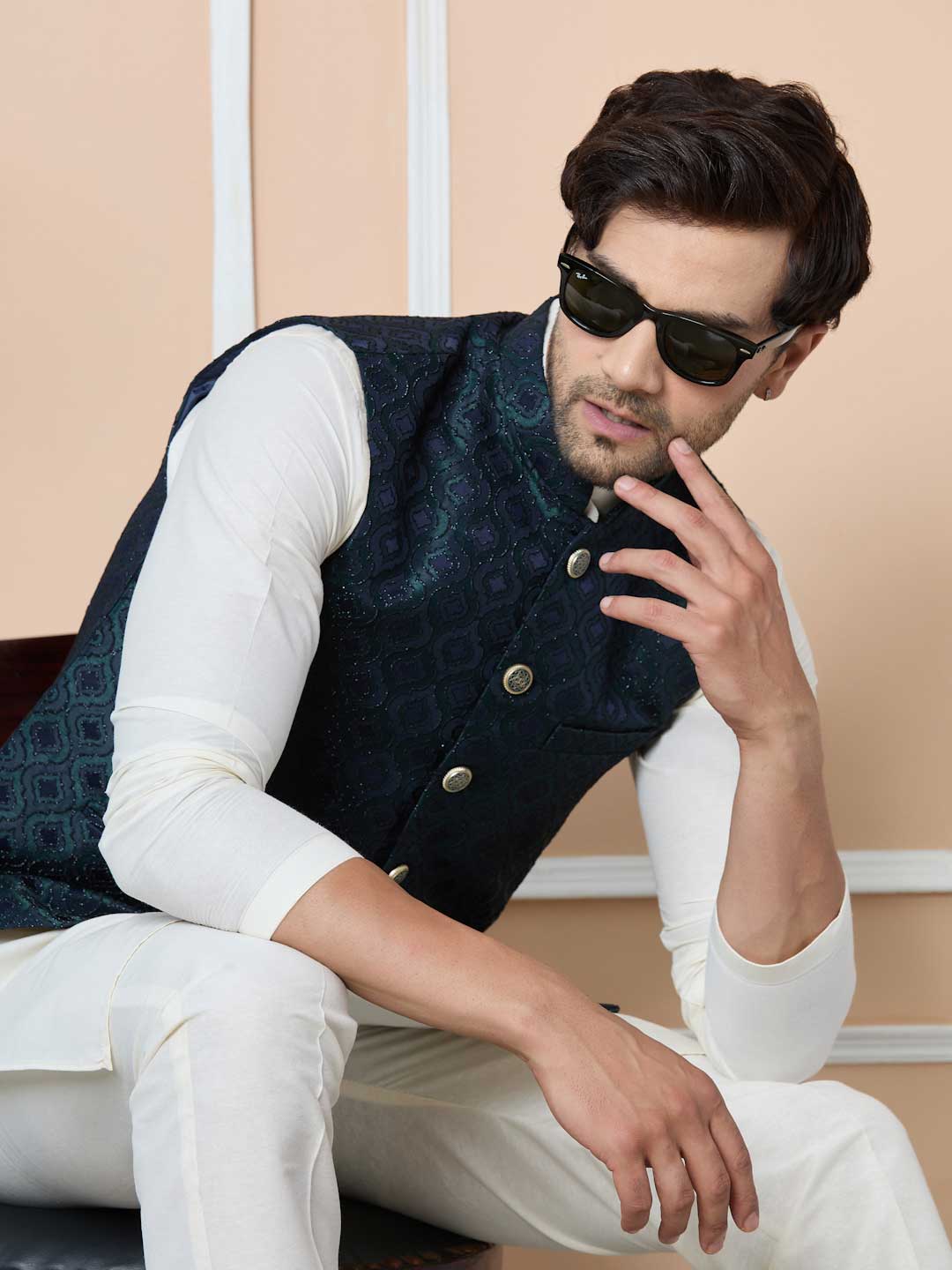 Navy Woven Jacquard Nehru Jacket with Solid Kurta-Pyjama (3 Piece