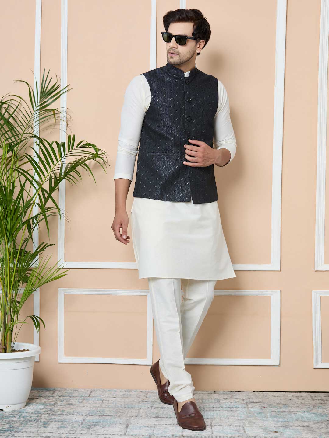 Men Midnight Black Woven Jacquard Nehru Jacket with Solid Kurta