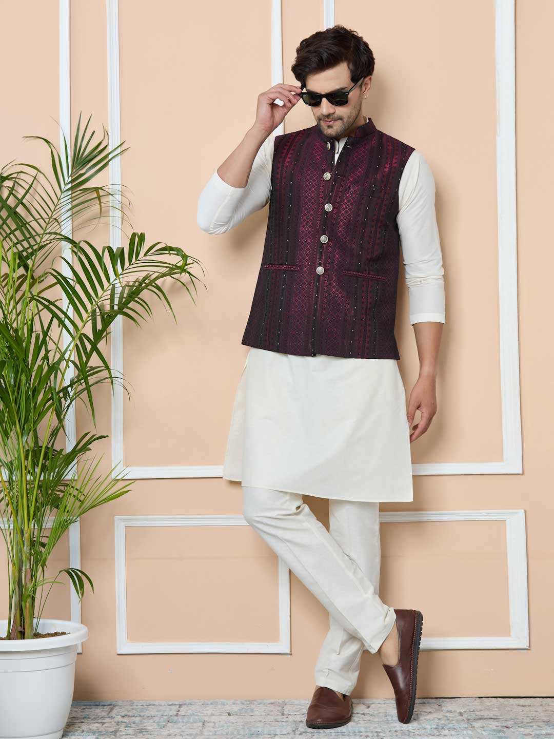 Mens Kurta Pajama With Vest Maroon Woven Jacquard Nehru