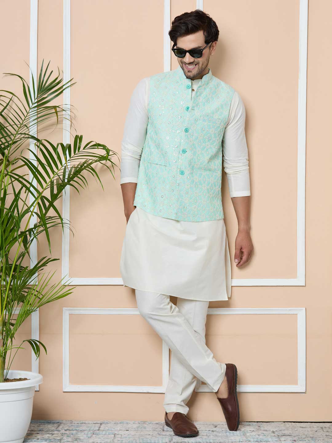 Embossed  Nehru Jacket With Solid Kurta Pyjama