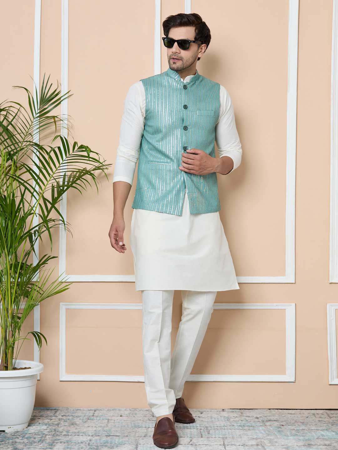 Aqua Green Sequin Embroidered Nehru Jacket with Solid Kurta-Pyjama