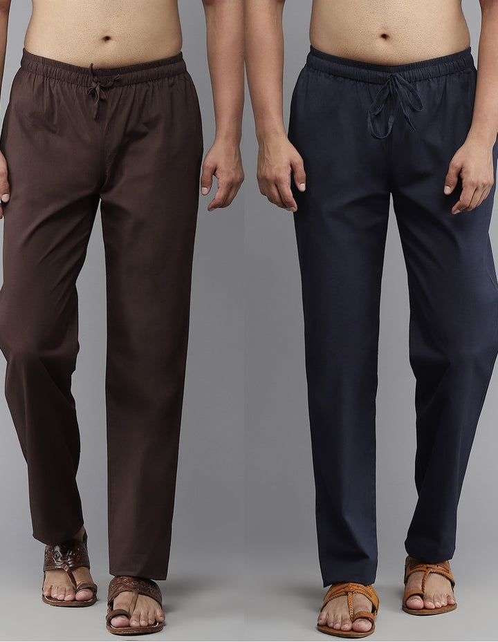 Combo Pack of 2: Deep Brown & Navy Blue Solid Cotton Pyjamas