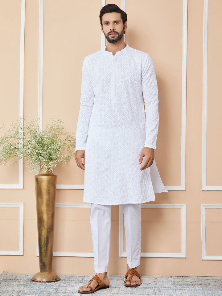 White Embroidered Chikankari Pure Cotton Straight Kurta