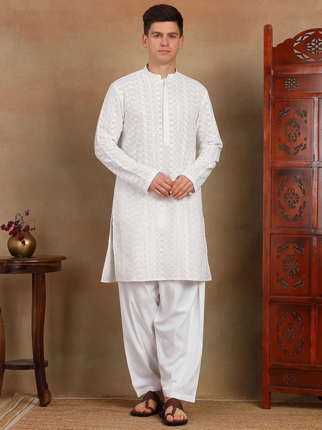 White Chikankari Embroidered Straight Kurta Paired with Salwar