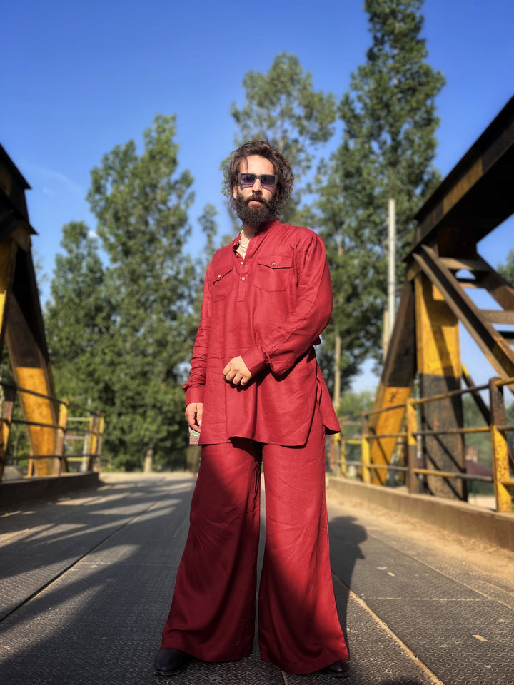 Men's Maroon Rayon Solid Pathani Set