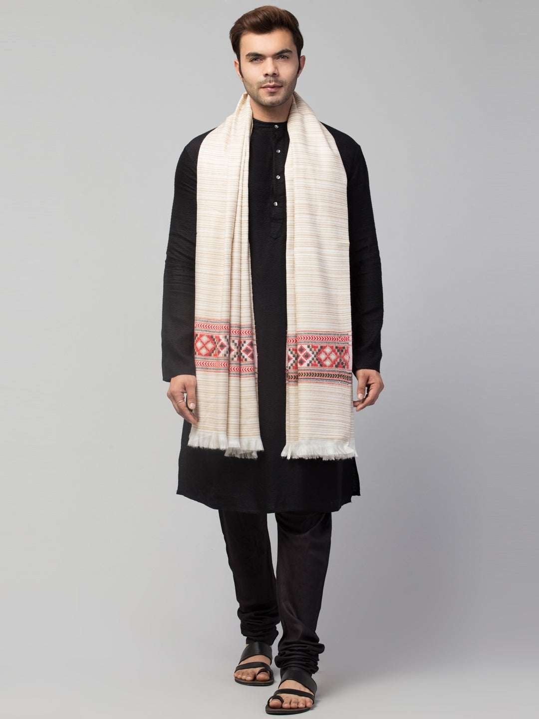 Tweedle Kullu Pattern Wool Blend Shawl for Men | Traditional Himachali Design | Off-White -  40x80