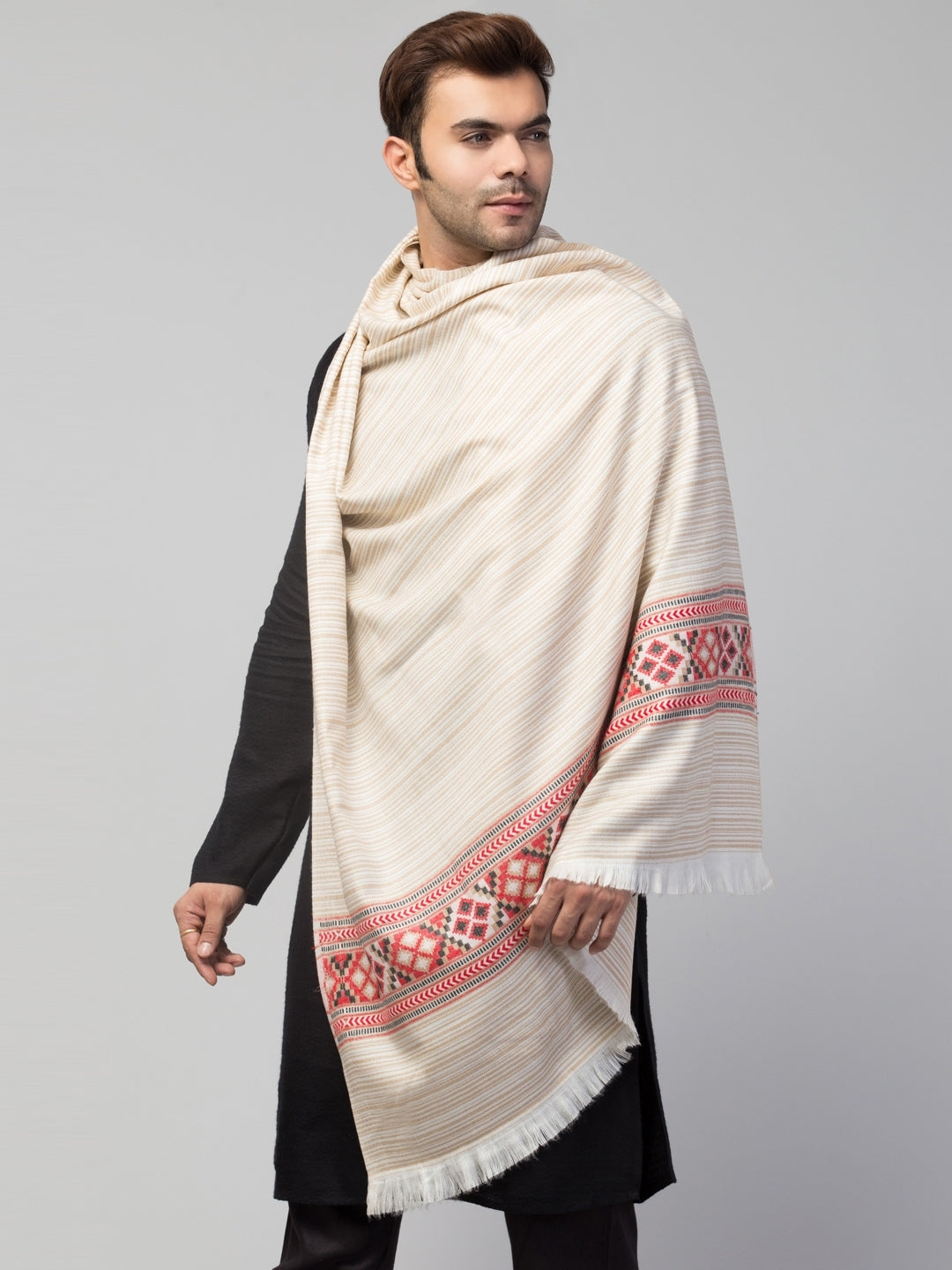 Tweedle Kullu Pattern Wool Blend Shawl for Men | Traditional Himachali Design | Off-White -  40x80