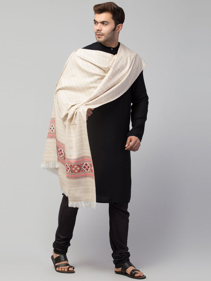 Tweedle Kullu Pattern Wool Blend Shawl for Men | Traditional Himachali Design | Off-White -  40x80