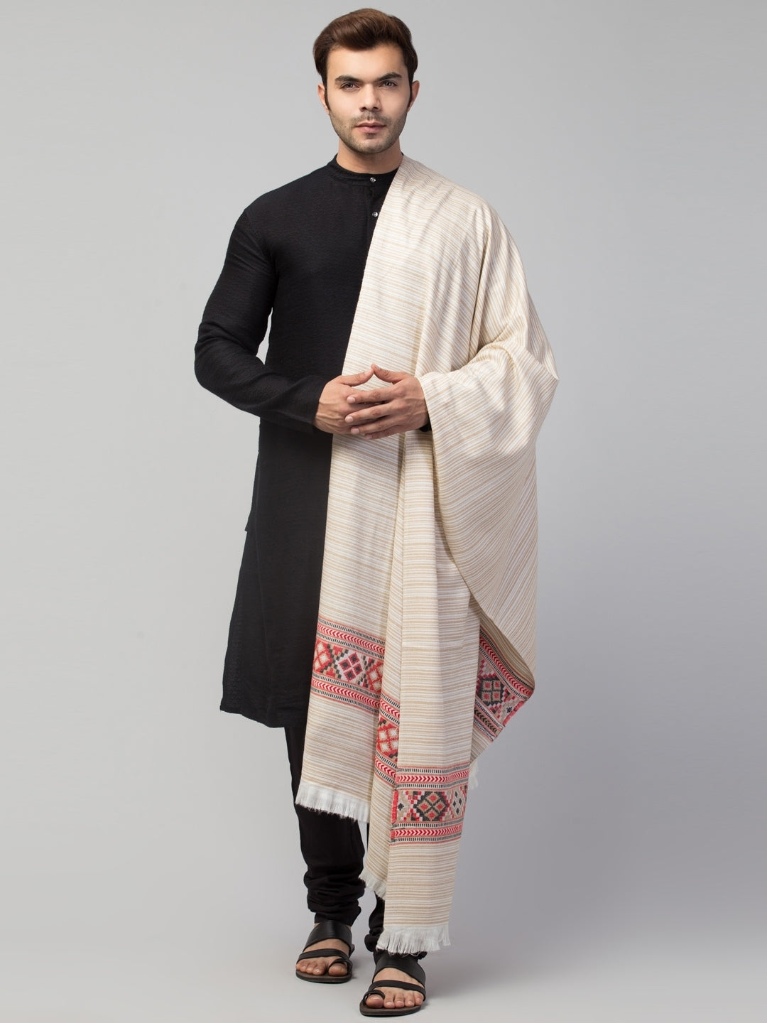 Tweedle Kullu Pattern Wool Blend Shawl for Men | Traditional Himachali Design | Off-White -  40x80