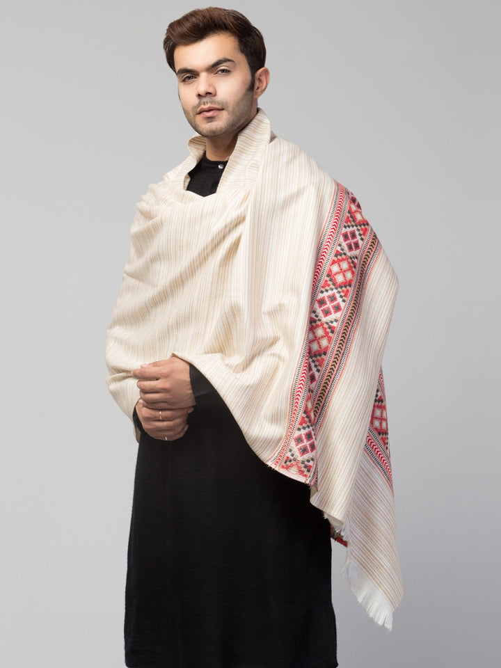 Tweedle Kullu Pattern Wool Blend Shawl for Men | Traditional Himachali Design | Off-White -  40x80