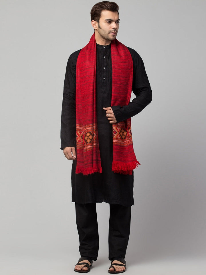 Tweedle Kullu Pattern Wool Blend Shawl for Men | Traditional Himachali Design | Red -  40x80