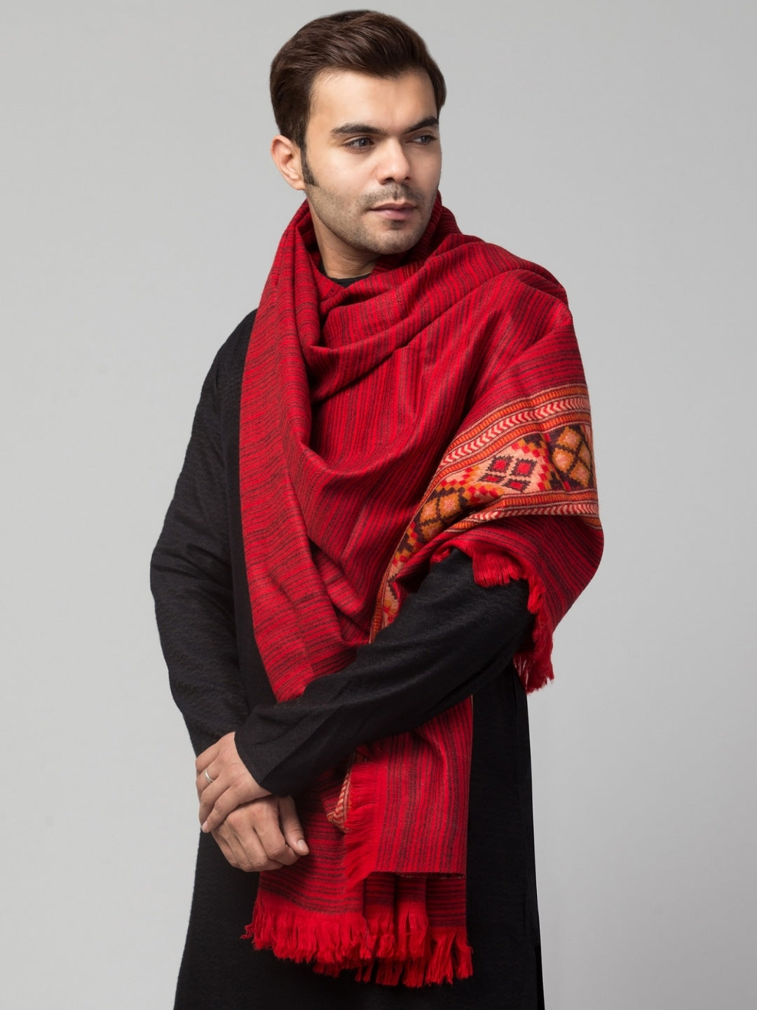 Tweedle Kullu Pattern Wool Blend Shawl for Men | Traditional Himachali Design | Red -  40x80
