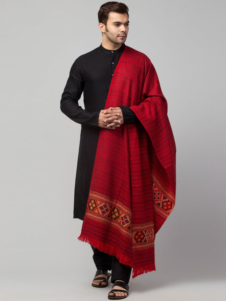 Tweedle Kullu Pattern Wool Blend Shawl for Men | Traditional Himachali Design | Red -  40x80