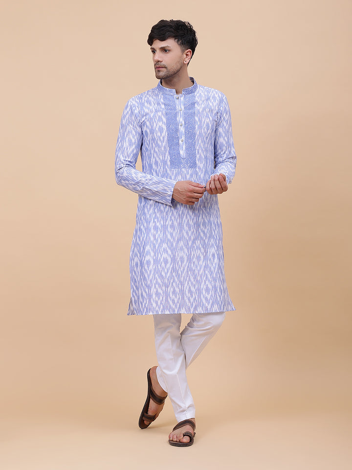 Printed Ikat Pure Cotton Straight Kurta with Embroidered Neck Design
