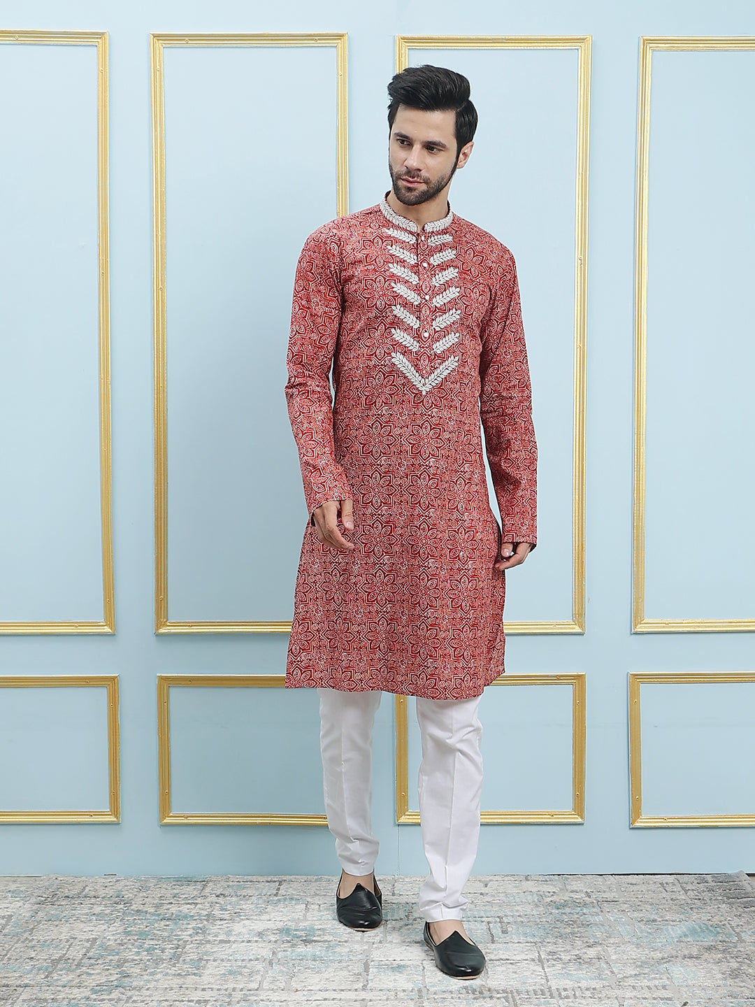 Printed Pure Cotton Straight Kurta with Embroidered Neck Design