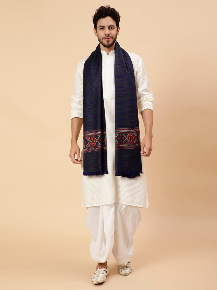 Tweedle Kullu Pattern Wool Blend Shawl for Men | Traditional Himachali Design| Dark Blue -  40x80